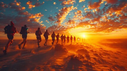 Fototapeta premium Sunrise Desert Run: a desert run at sunrise, with the sky painted in warm colors and runners casting long shadows on the sand.