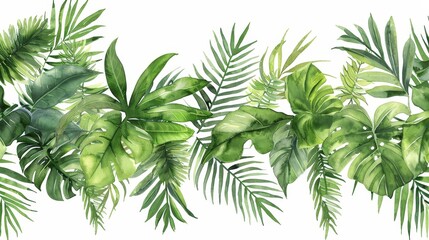 Isolated tropical leaves and branches on a white background in a watercolor banner.