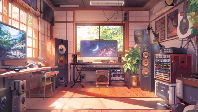 recording studio interior, anime style