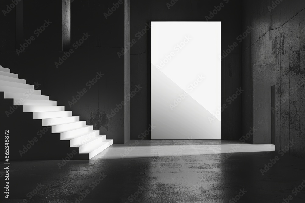 Poster in an empty huge hall with stage and stairs, a big white illuminated screen with a space for your te