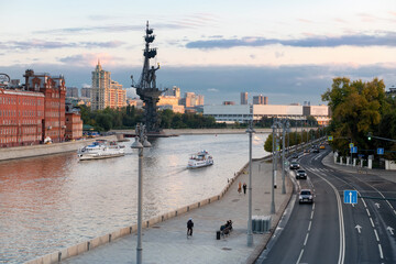 MOSCOW - SEPTEMBER 18, 2022: View of passenger ships on the Moskva River, the Red October...