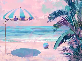 A seaside view with a striped beach umbrella, pink and blue tones, featuring tropical plants and a beach ball, highly detailed, soft pastel colors, clean and minimalistic design