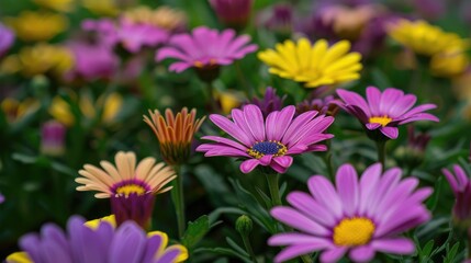 Obraz premium Close up image of multicolored Marguerite daisy flowers in a cultivated field