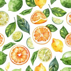 Seamless watercolor pattern with oranges, mandarins, lemons and limes.