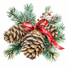 Fototapeta premium With cones, a red bow, and spruce branches, this watercolor arrangement evokes the spirit of Christmas.
