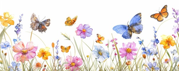 Fototapeta premium Decorative border with butterflies, green grass and wildflowers for wedding invitations, digital projects, Easter, Mother's Day cards, textiles, stationery.