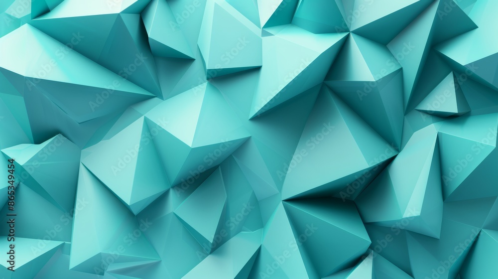 Poster tile wallpaper on polished, semigloss wall. this is a 3d render using triangular, teal blocks.