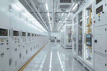 Obraz premium An interior of a semiconductor manufacturing factory or lab in white with an image of a computer screen and a machine