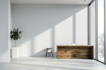 Fototapeta premium This 3D rendering shows a modern office design with wooden walls, concrete floors, furniture, and equipment.