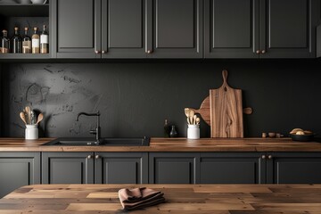 Kitchen room with dark interior and good advertising display