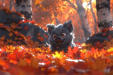 A black pig walking in the orange autumn grass in the forest with sunlight illustration, Closeup of black baby piglets with white and clean body in blur background