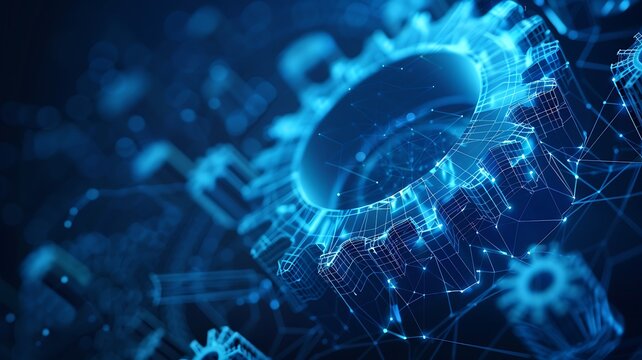 In the digital realm, a meticulously detailed vector wireframe representation of a gear emerges against a deep blue backdrop, symbolizing the intricacies of mechanical engineering and innovation