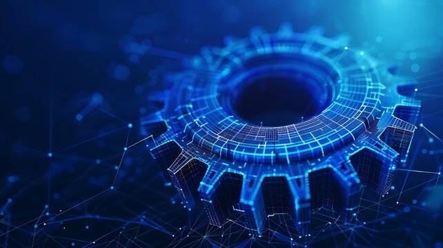 In the digital realm, a meticulously detailed vector wireframe representation of a gear emerges against a deep blue backdrop, symbolizing the intricacies of mechanical engineering and innovation