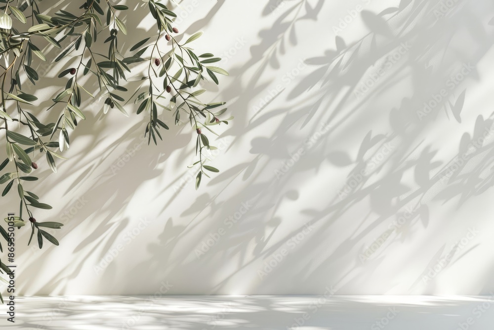 Poster the background is composed of an empty white marble stone counter top with a green tree in sunlight,