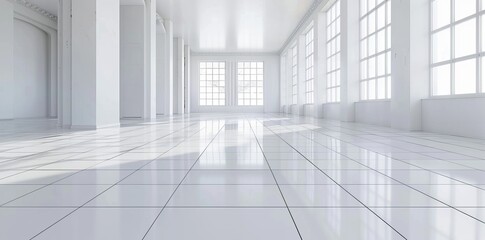 Obraz premium In this rendering, the white tile floor is shown in a perspective view, along with the empty space in the room, the window, and light. This is a modern interior home design that features a bright,