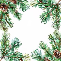 Greeting cards, New year invitations with a watercolor modern Christmas square frame. Green fir branches, border, wreath. Illustration for greeting cards.