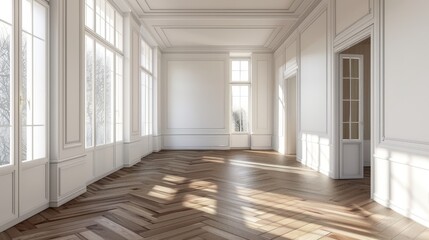 An elegant interior concept with white walls, two windows, white cornice, gloss parquet flooring, 7680x4320, 300dpi.