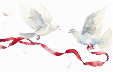 Obraz premium Flying doves with a red ribbon. Peace symbol illustration. Watercolor modern hand painted illustration. Great for weddings, greetings, wallpaper, and decoration.