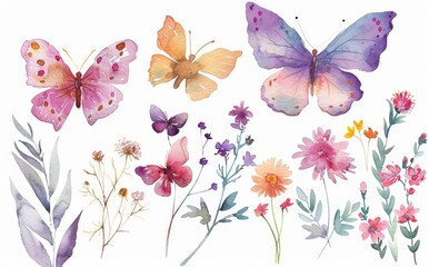 Modern clipart set of pink butterflies. Watercolor hand-painted illustration. Party invitation, birthday celebration, wedding design, stationery. Perfect decoration for spring and summer.