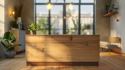 In the forefront there is a wooden table top, cabinet, panel, or shelf with shutters close up. The background has a blurry background with farmhouse dining room, Japanese interior design.