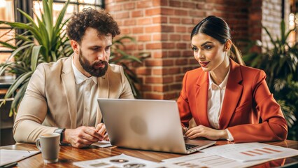 A pair of business partners in a modern office setting, discussing economic projections with financial documents and a laptop.	
