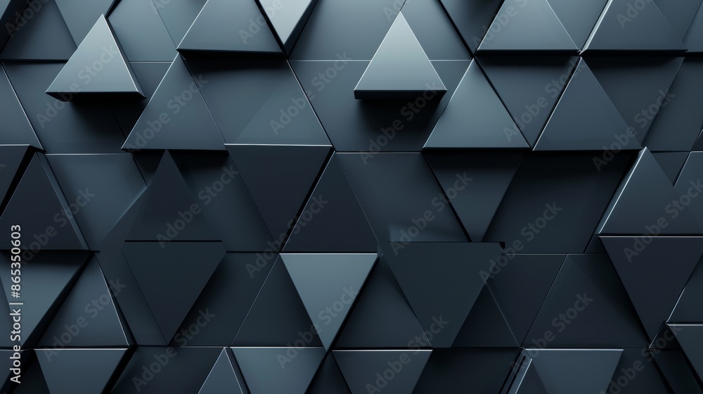 Poster 3d render of triangular tiles arranged to form a black wall. polished, futuristic background made fr