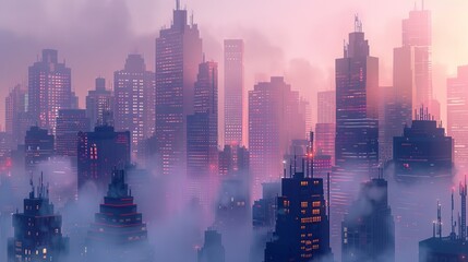 Fototapeta premium Eerie urban cityscape shrouded in dense fog, creating an enigmatic and atmospheric scene - building, urban, cityscape, fog, mystery