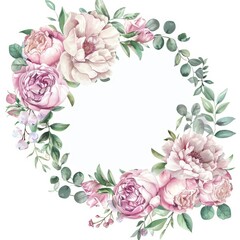 Decorative watercolor round floral frame with dusty pink roses flowers and eucalyptus leaves. Suitable for wedding stationary, wallpapers, fashion, fabric, and home decor.