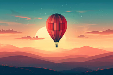 Fototapeta premium Hot air balloon rides over sunset mountains background, adventure, travel concept
