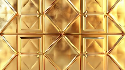 A 3D rendering of a triangular wall background with tiles. The wall has a gold, glossy finish and a luxurious block pattern.