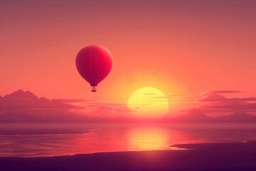 Obraz premium Hot air balloon at sunset over serene ocean, tranquil flight, breathtaking view, sunset flight concept