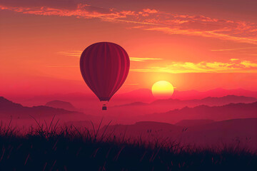 Fototapeta premium Hot air balloon, sunset, landscape, mountains, sky, silhouette, travel, adventure, scenic views, floating concept