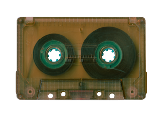 Vintage audio cassette tape isolated. Obsolete technology of audio recording and playback format audio cassette tapes, top view. 80s retro music background.	