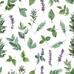 Hand drawn herb watercolor seamless pattern.