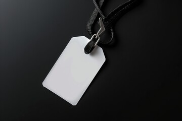 The blank badge mockup is isolated on black. The name tag mockup is hanging with a string around the neck. The name tag is for corporate use.