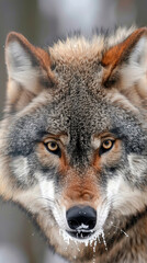 Obraz premium A serious wolf with a brown and gray coat and a brown nose protecting the area