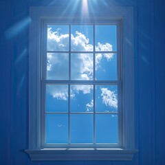 There is a window with a view of the blue sky and clouds in the background