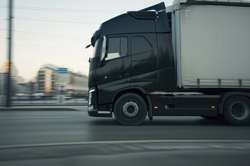 Fototapeta premium Sleek Black Truck and Trailer in Urban Business Setting