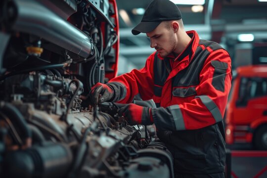Expert Mechanic Inspecting Heavy-Duty Truck Engine