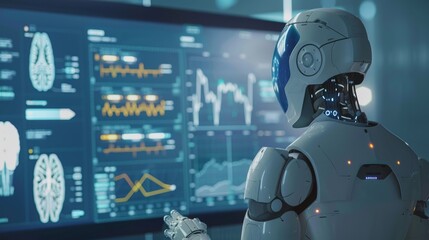 Futuristic medical diagnosis with humanoid robot analyzing charts on holographic display