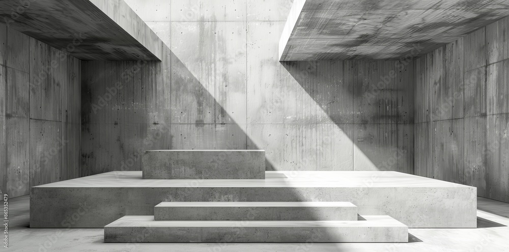 Poster a modern abstract concrete room with a platform elevated in the middle and a ceiling fan, with the b