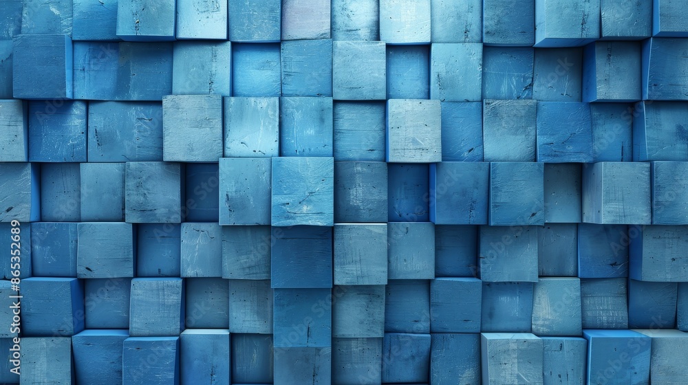 Poster three-dimensional wall created from futuristic tiles. blue rectangular background made from semiglos