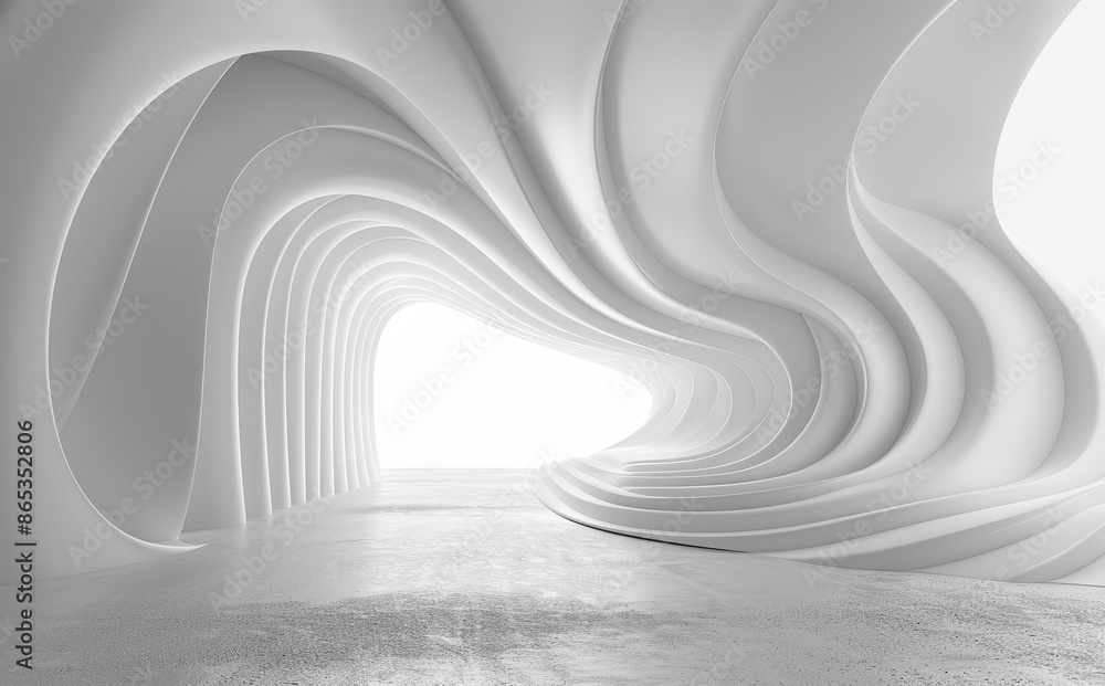 Poster a modern white room interior rendering image. an empty wall with a horizon line pattern on it.