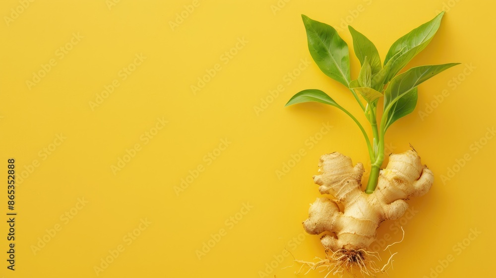 Aufkleber ginger root with green sprout on yellow background growing new idea top view with space for text foo