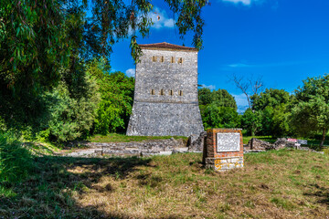 A view looking back towards a old Venetian tower at Butrint, Albania in summertime