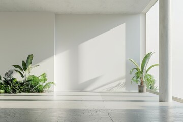 The image depicts an abstract spacious interior with daylight and a blank mock-up place on a blue wall. This is a concept of gallery and nobody.