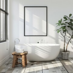 Fototapeta premium 3D rendering of poster frame mock up in modern bathroom interior with free-standing bathtub near window