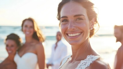 Portrait of a happy smiling caucasian woman bride in white dress on her wedding day on the beach with family , friends and sea view in background.