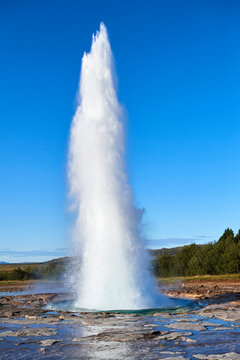 Strokkur Geyser erupting, Geysir, Selfoss, Iceland. September, 2023. 