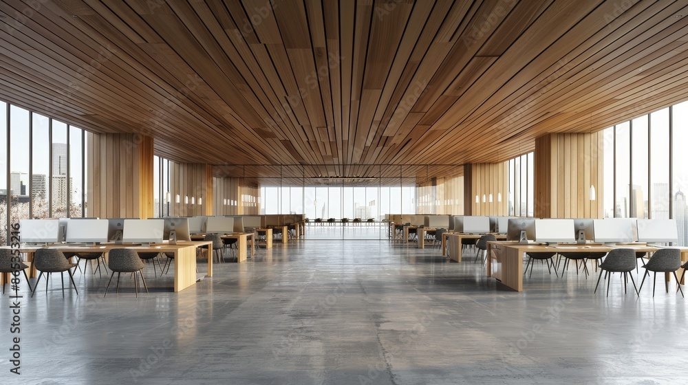 Poster a 3d rendering of an office with wooden ceilings and large windows that offer a great view of the ci